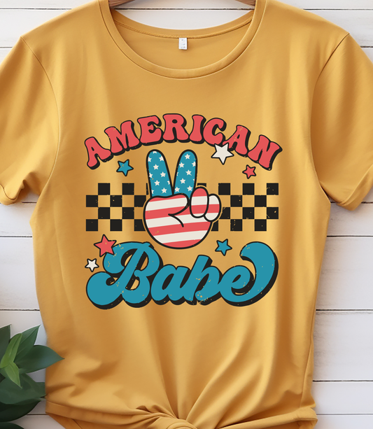 American Babe Retro Victory Sign - 4th of July - DTF Transfer