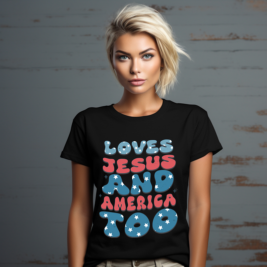 Loves Jesus and America Too - Retro Smiley - 4th of July - DTF Transfer